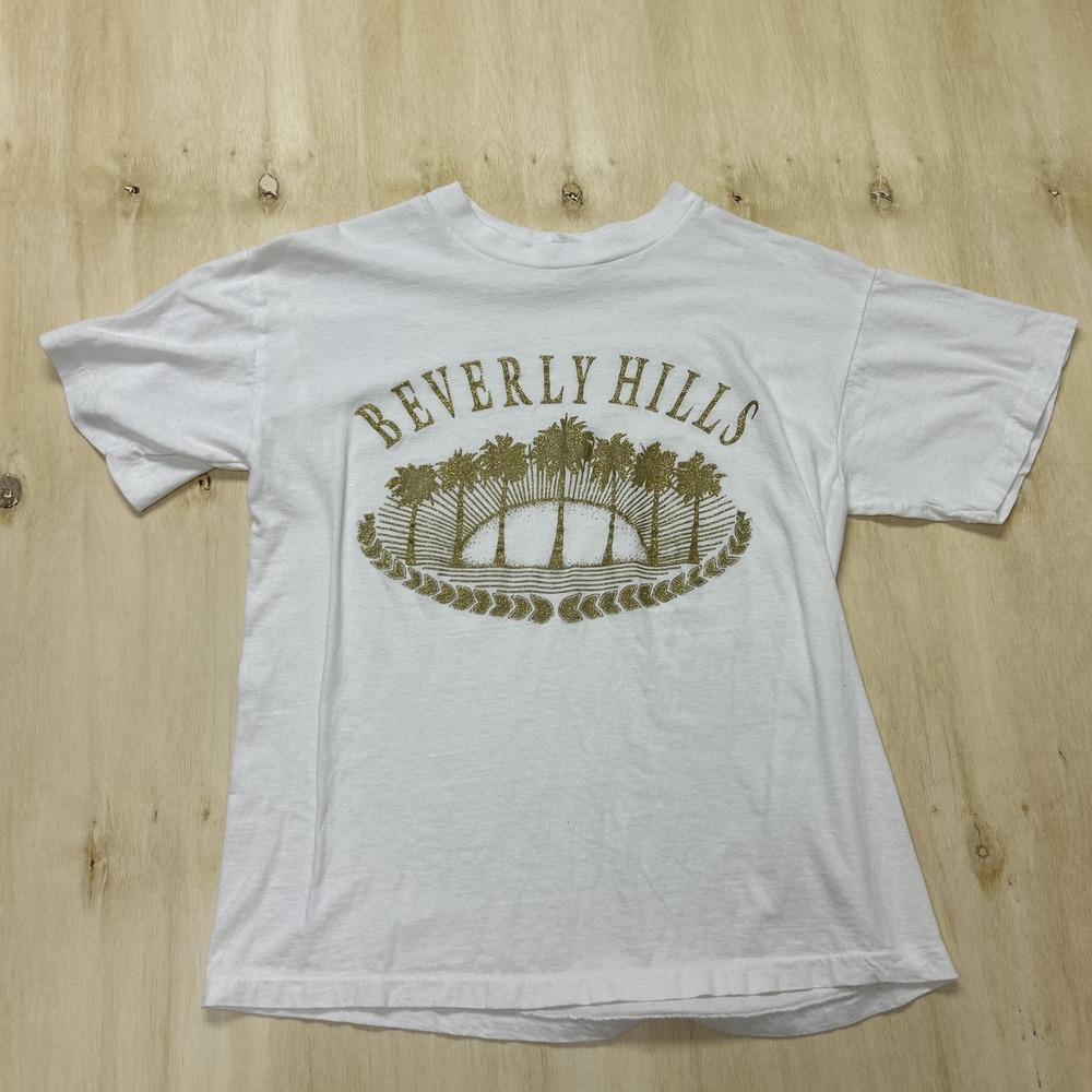 Vintage Beverly Hills Caribbean Dream Shirt Mens Large White Glitter Travel Tee
